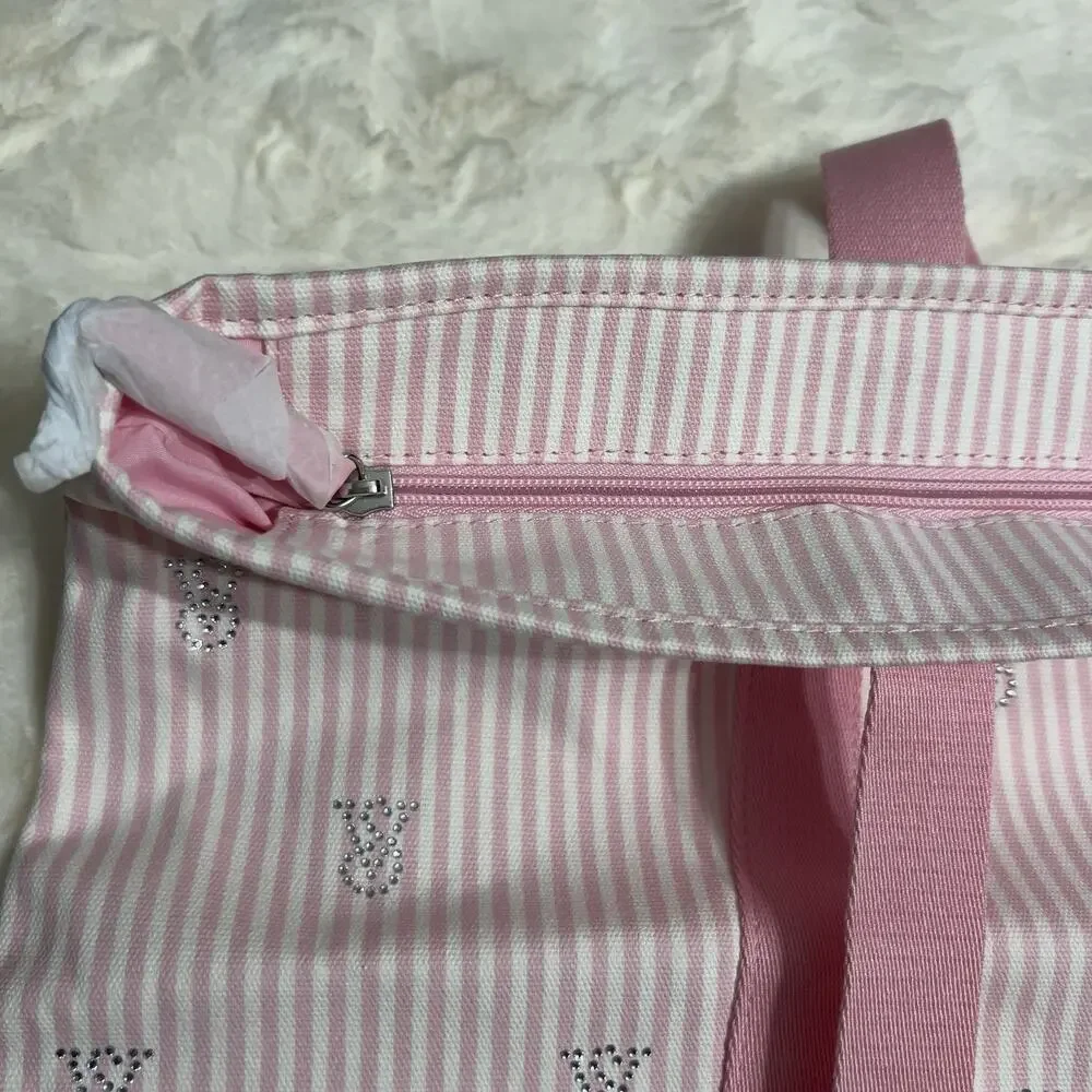 Victoria’s Secret Heritage Stripe Tote Bag Light Pink Glitter Logo Canvas NWT - Picture 3 of 5